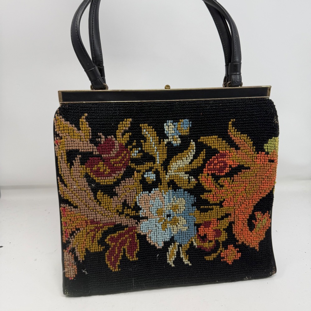 Vintage After Five L &M Black Floral Needlepoint Frame Handbag Gold Tone Handle